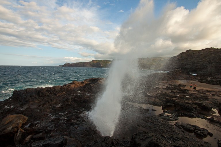 Upon arrival at the Nakalele Blowhole, we were standing about fifteen feet above the base. It put on this little show for us and combined with the ocean breezes, gave us a pretty good splash.