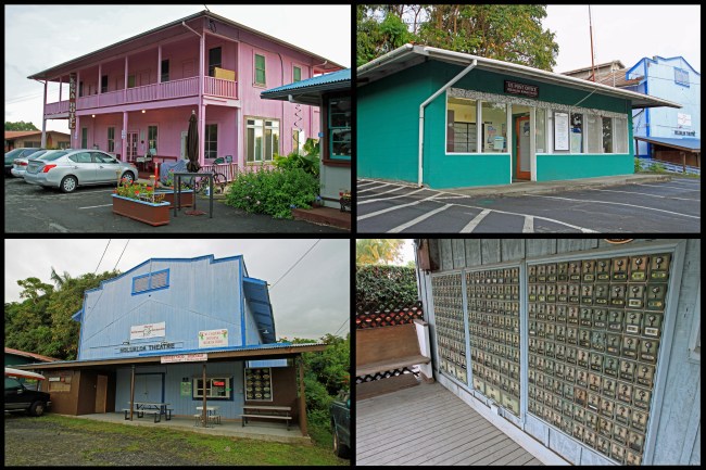 Counter clockwise: Kona Hotel, Post Office, old Post Office boxes, Movie Theater