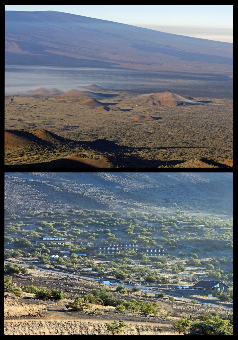 Upper: Clouds roll over small hills along the saddle of Hawai'i Lower: Sunrise over base camp