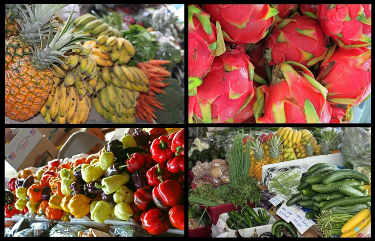 Some more exotic offerings at the farmers' market include passion fruit (lilikoi), dragon fruit, purple sweet potatoes and lychee.