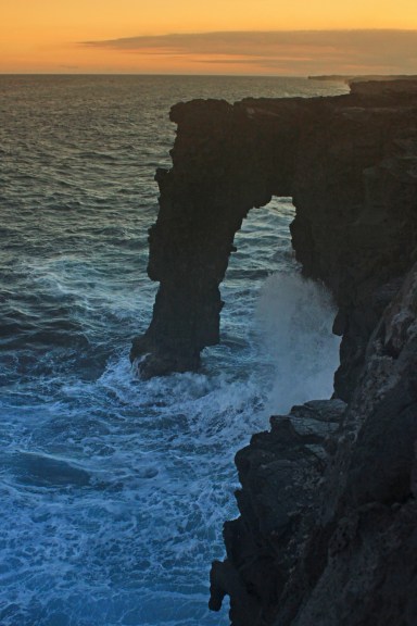 Sunset viewing of Holei Sea Arch at the end of Chain of Craters road.