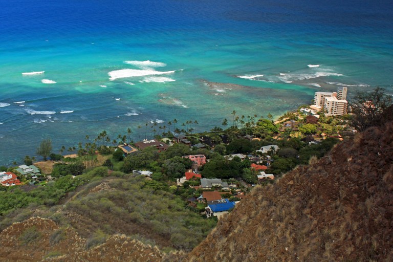 A slightly different view of the pristine cerulean waters seen from the summit.