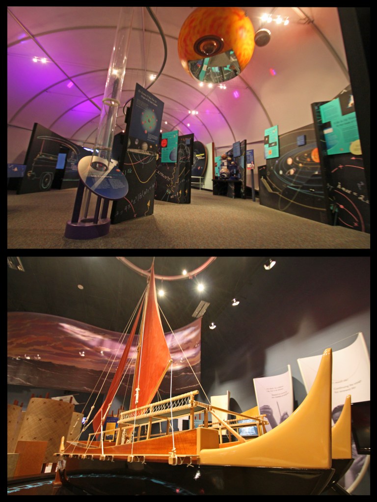 The 'Imiloa Astronomy center houses more than 100 exhibits on astronomy, Mauna Kea, native Hawaiian traditions and the Hawaiian language.  There are many hands-on exhibits for children, and the planetarium schedules several shows per day. There is an entire room dedicated to ancient Hawaiian voyages around the Pacific. 