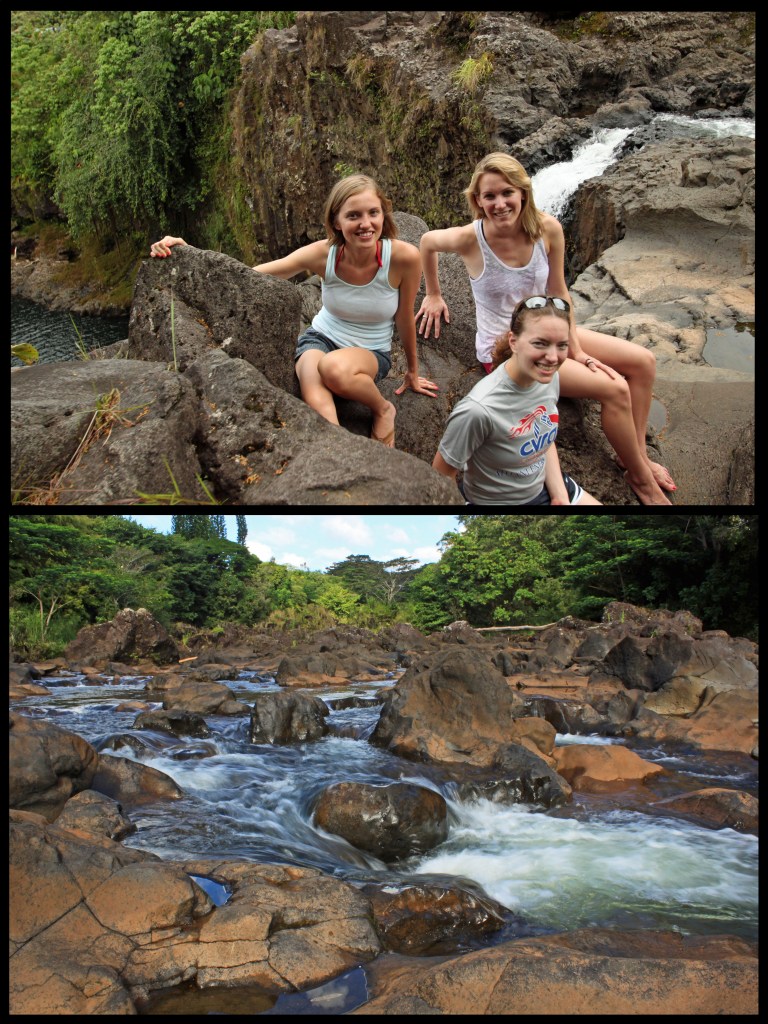 Gemini interns climbing around the top of the 80-foot waterfall