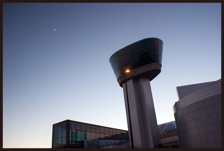 Udvar-Hazy and a crescent moon just after sunset