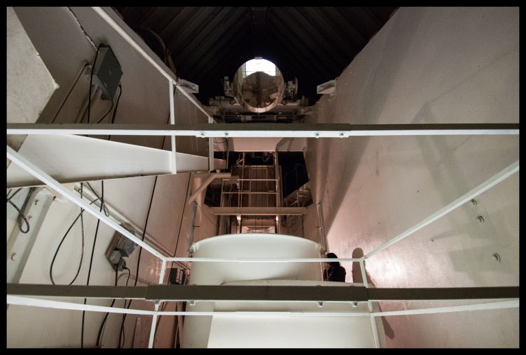 Inside the diagonal, looking up toward the third mirror, which will reflect the light into the control room seen previously.