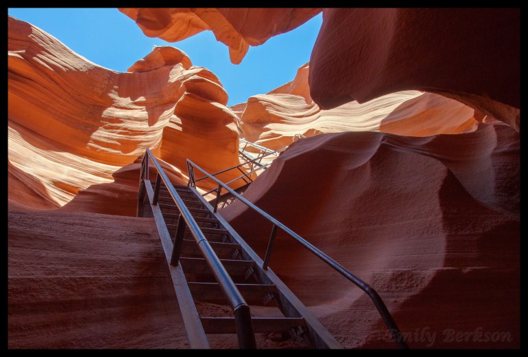 The long, steep staircase leading into the slot canyon. This is an HDR image, created from two photos exposed separately for the dark canyon and the bright sunny walls. With the HDR processing, this actually became one of my favorite photos from the trip.