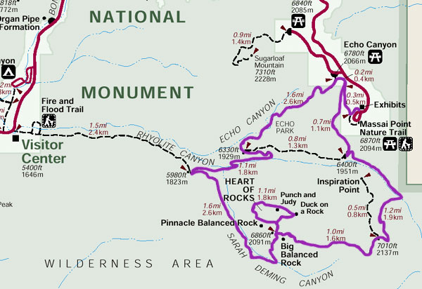 Chiricahua National Monument trail map - "Big Loop" outlined in purple.