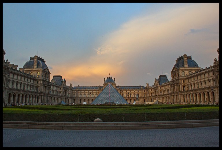 The Louvre at dusk.